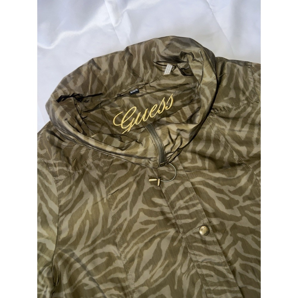 GUESS Olive Animal Print Trench Coat Button Epaulet Accents Size XL Women